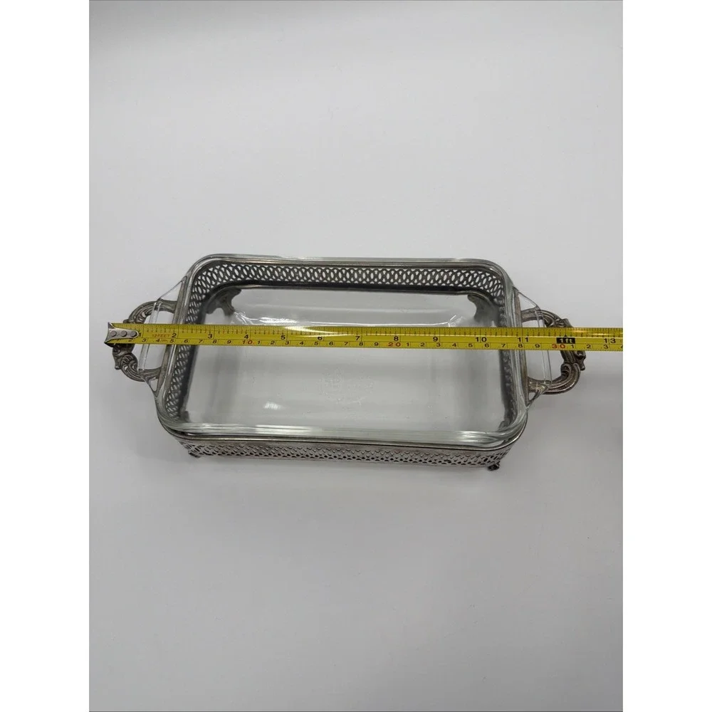 PYREX PLATE W SILVER HOLDER BREAD OR MEAT LOAF GLASS DISH - 10 Qt Dish